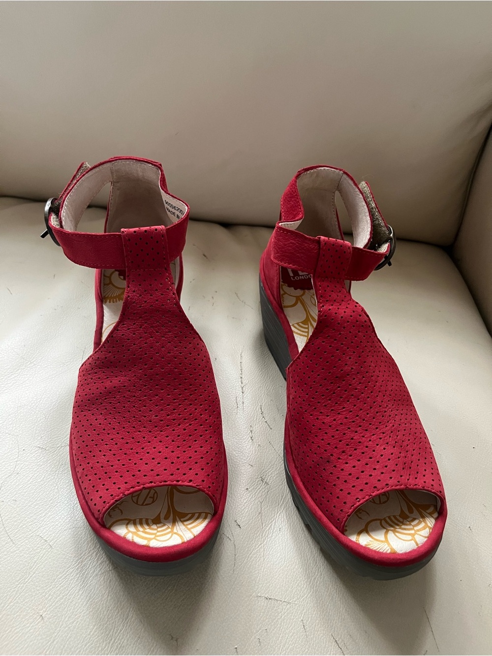Fly London Red Perforated Peep-Toe Wedge Sandals